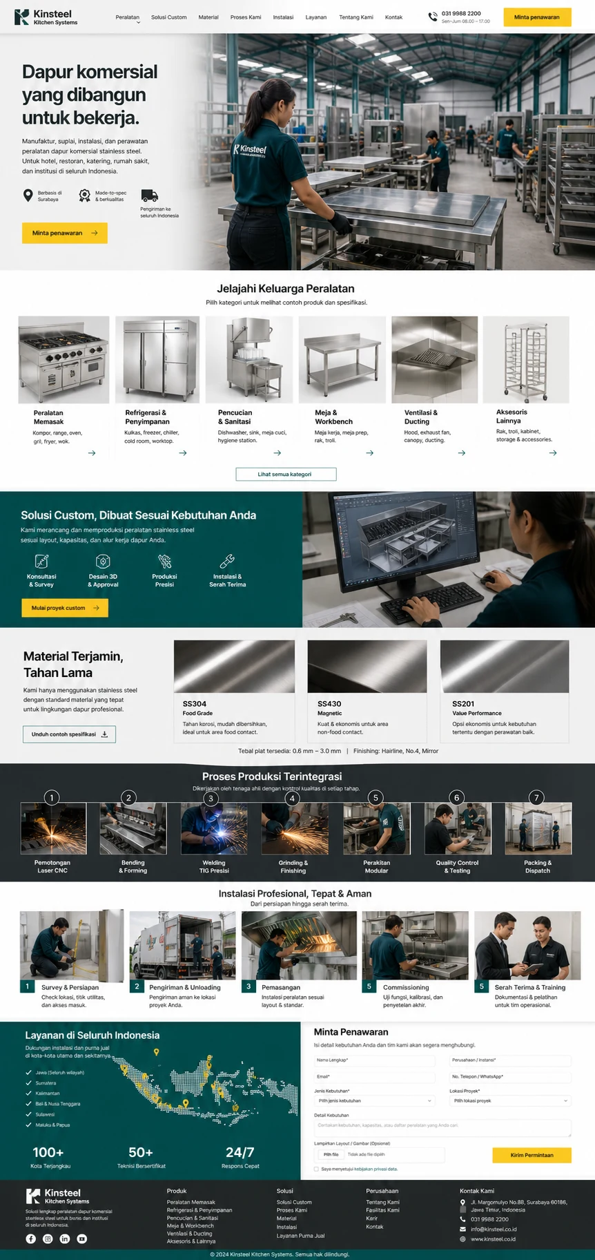 Kinsteel Kitchen Systems: konsep visual halaman beranda lengkap untuk manufacturing, supply & trading company.
