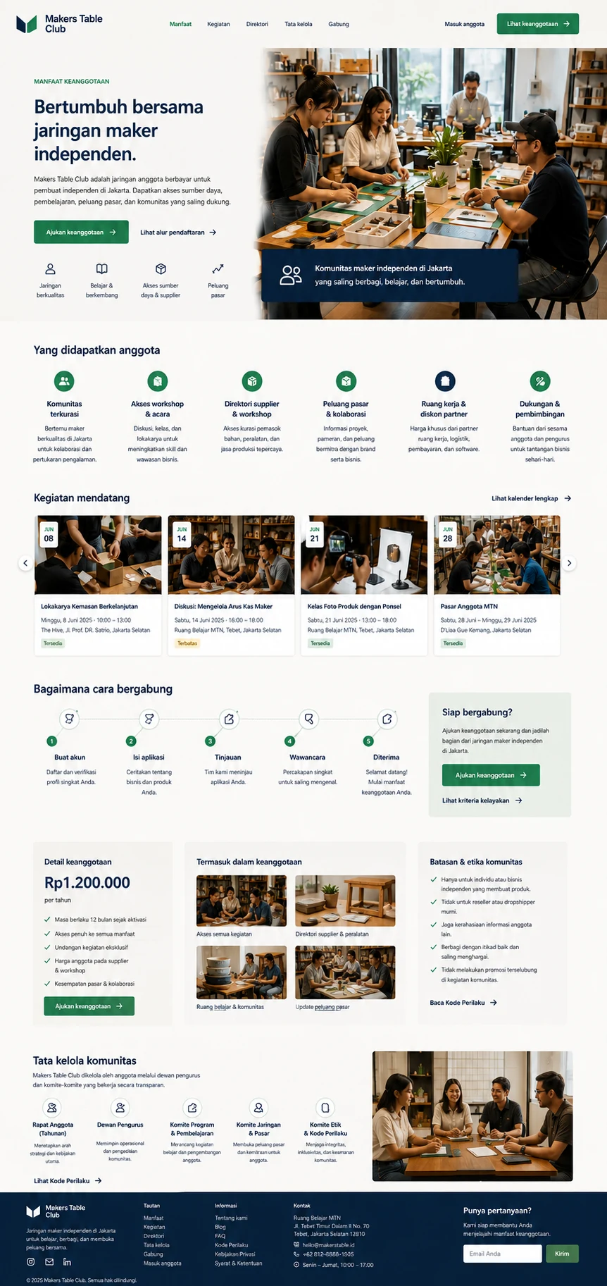 Makers Table Club: konsep visual halaman Manfaat lengkap.