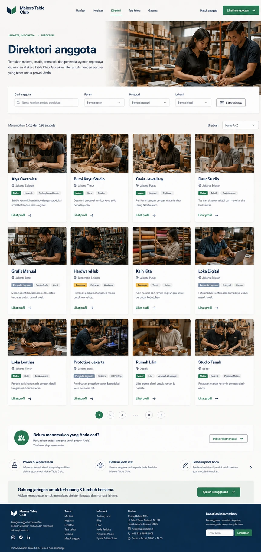 Makers Table Club: konsep visual halaman Direktori lengkap.