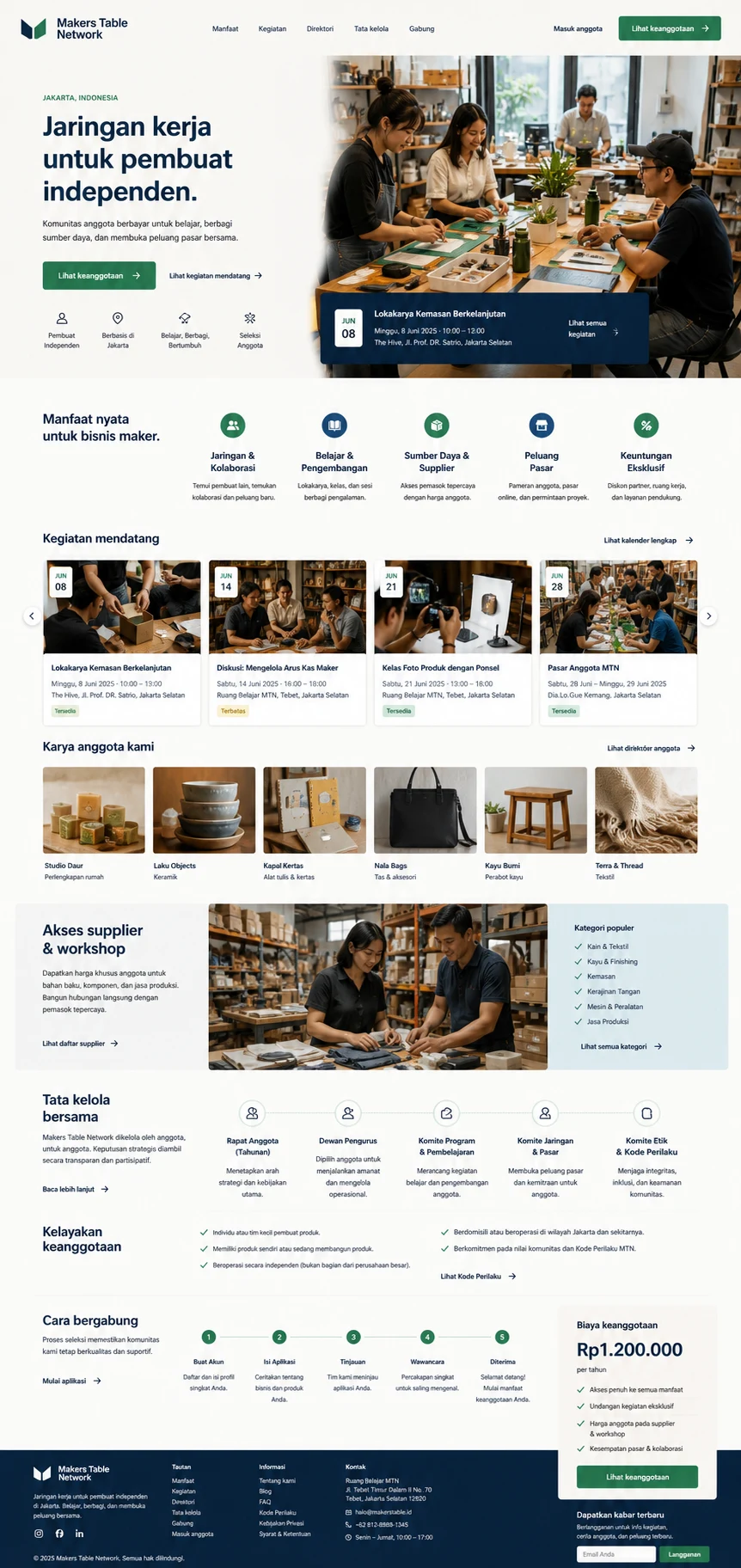 Makers Table Club: konsep visual halaman beranda lengkap untuk membership, association & community.