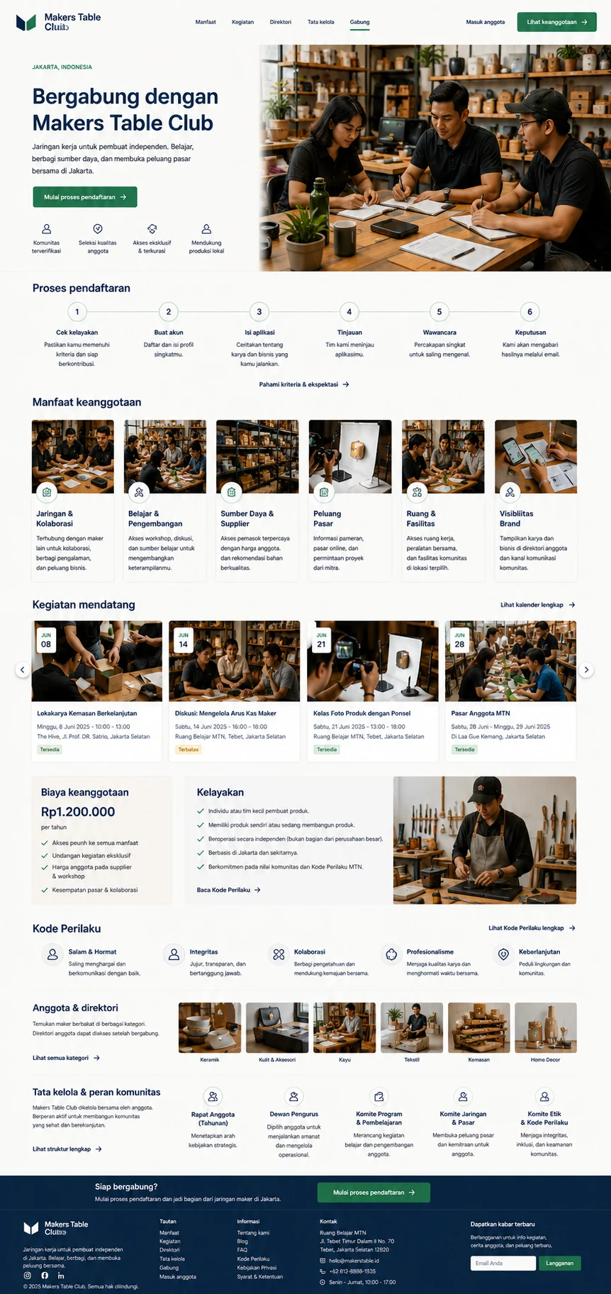 Makers Table Club: konsep visual halaman Bergabung lengkap.