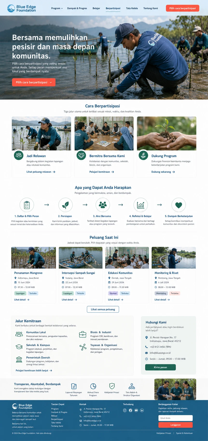 Blue Edge Foundation: konsep visual halaman Berpartisipasi lengkap.