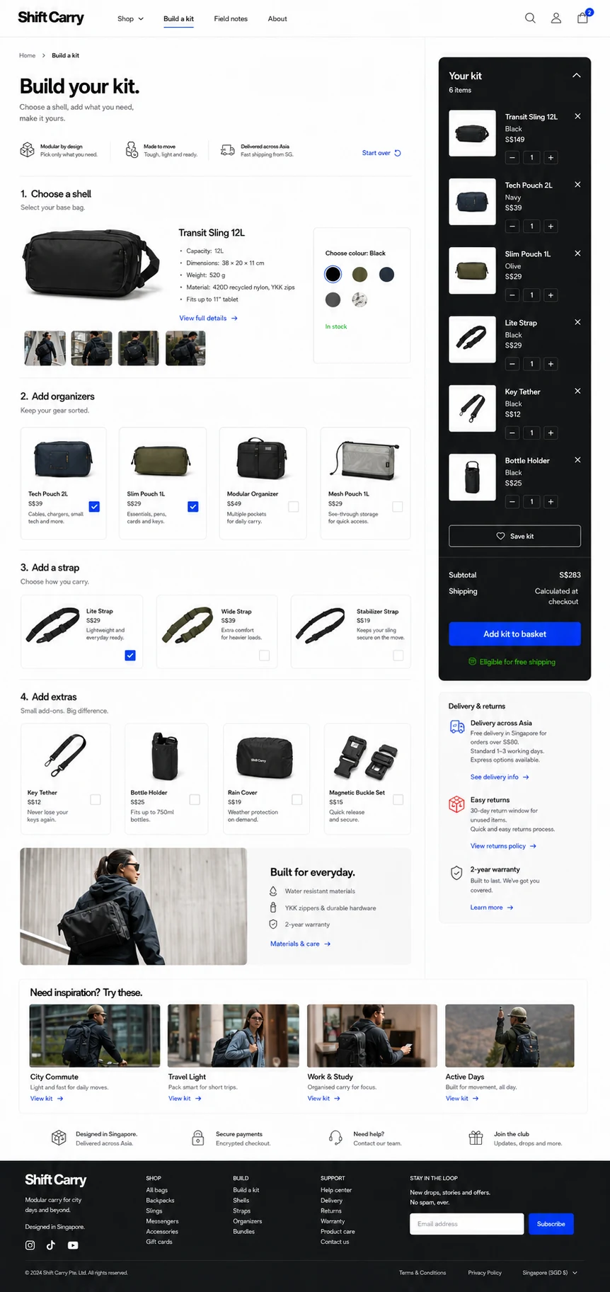 Shift Carry: konsep visual halaman Rakit Set lengkap untuk online store.