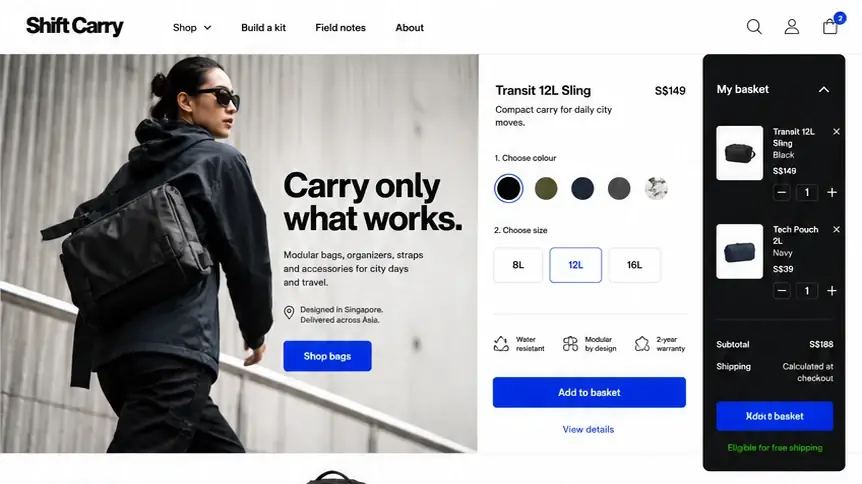Shift Carry: konsep visual halaman Beranda lengkap untuk online store.