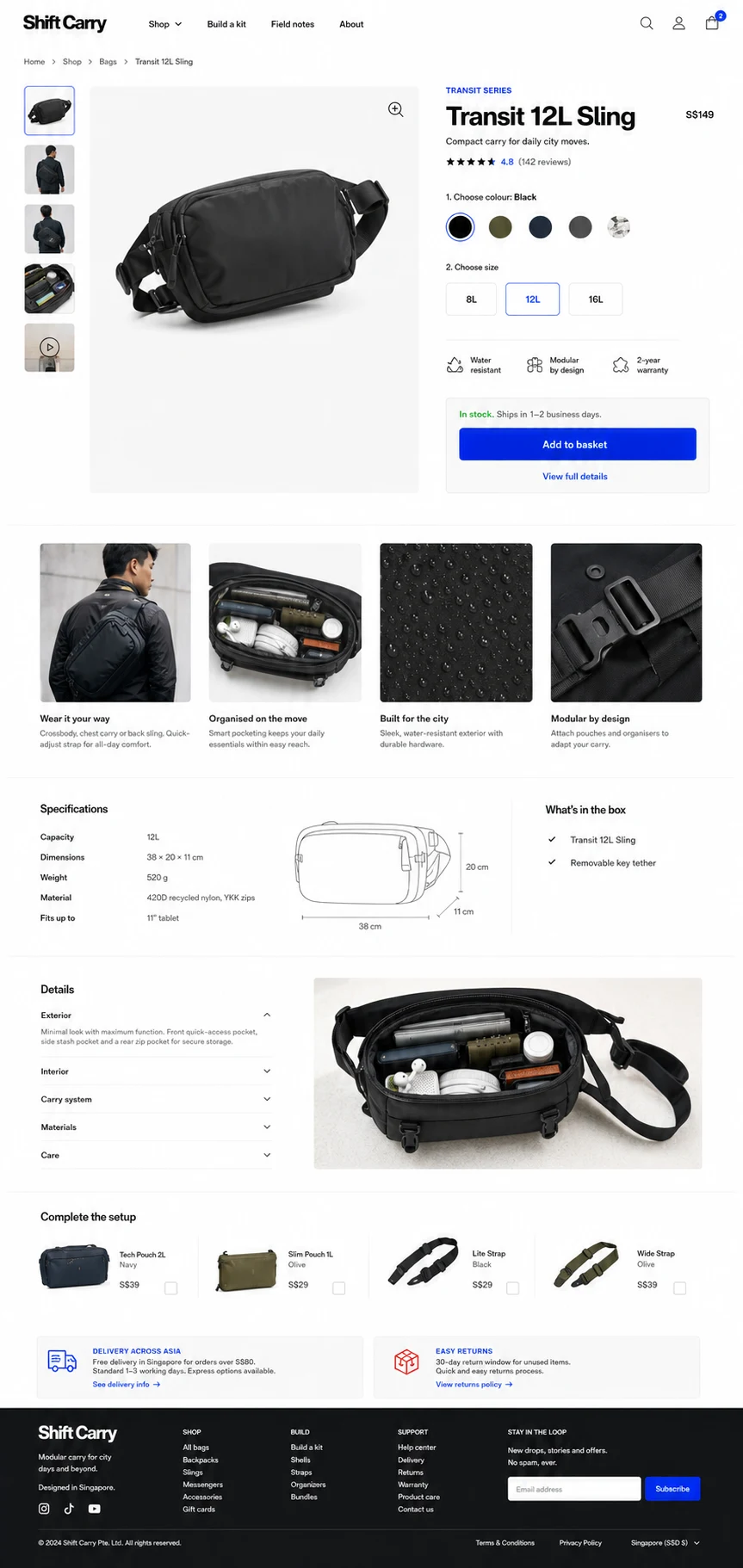 Shift Carry: konsep visual halaman Detail Produk lengkap untuk online store.
