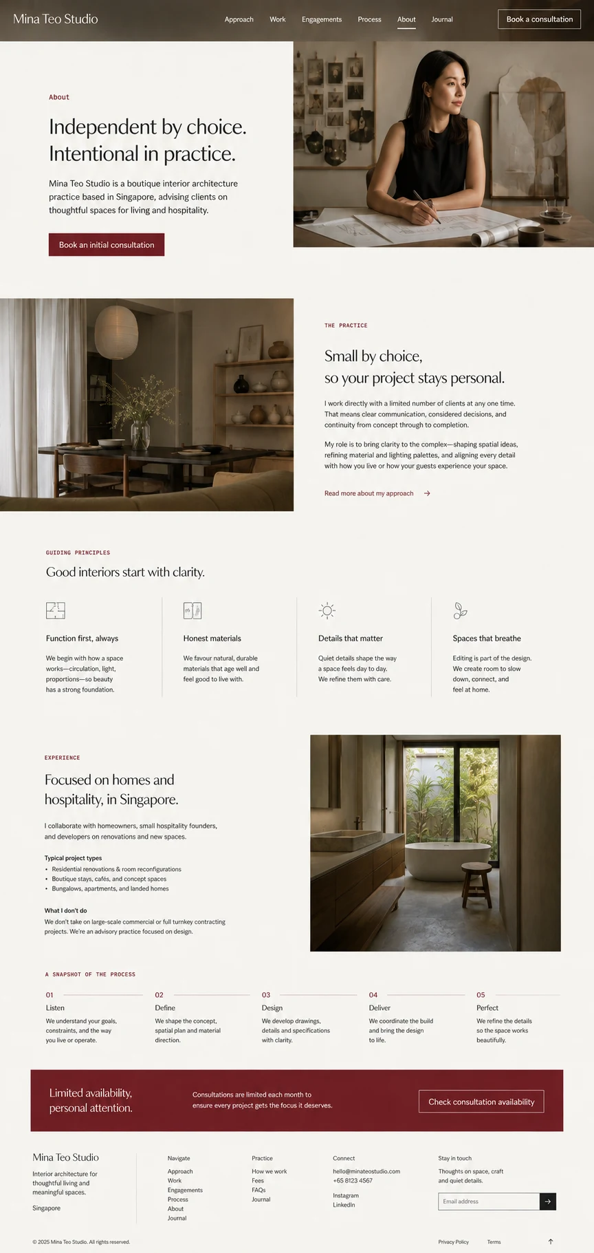 Mina Teo Studio: konsep visual halaman Tentang lengkap untuk personal brand & independent expert.