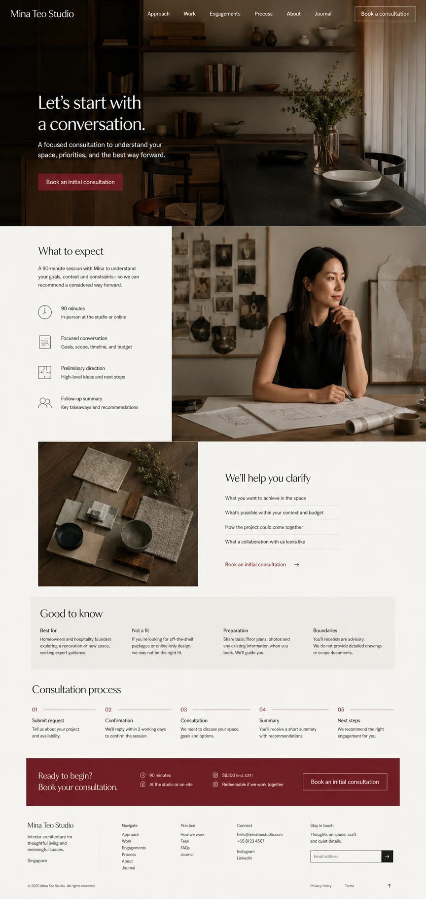 Mina Teo Studio: konsep visual halaman Konsultasi lengkap untuk personal brand & independent expert.