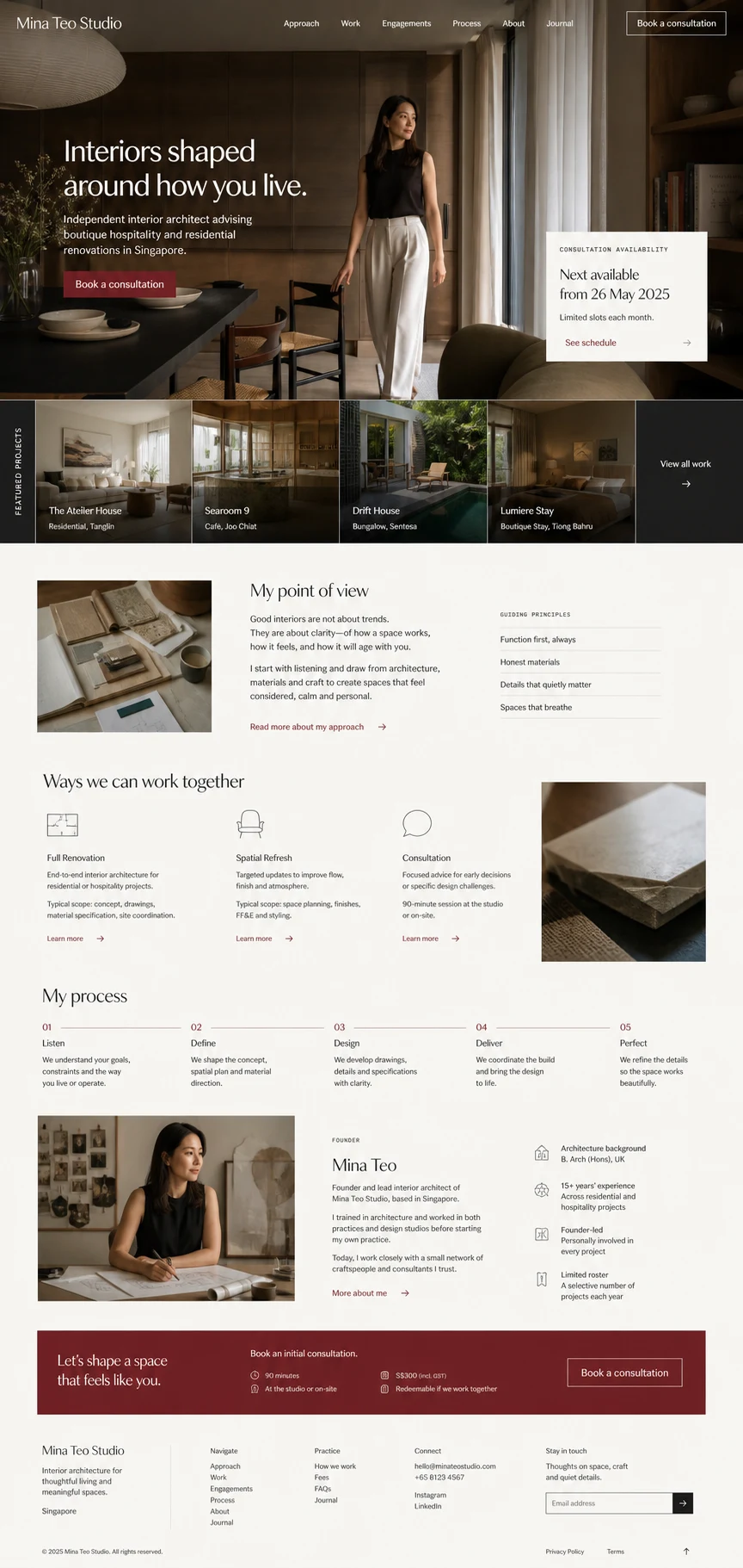 Mina Teo Studio: konsep visual halaman Beranda lengkap untuk personal brand & independent expert.