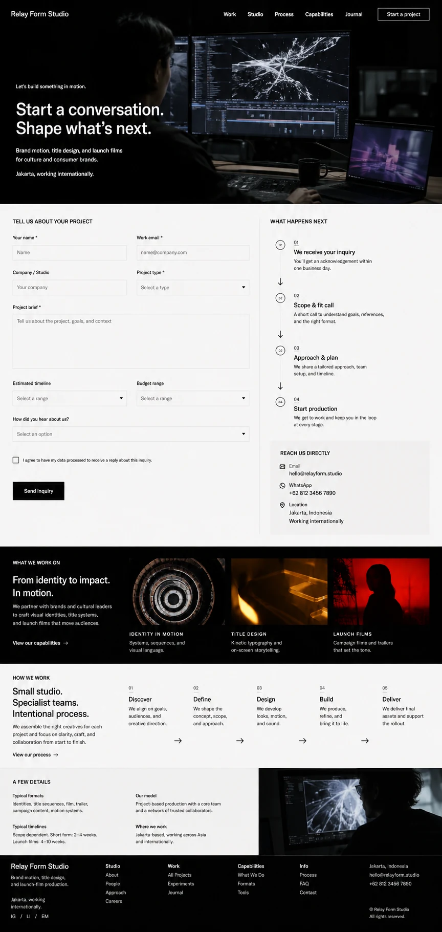 Relay Form Studio: konsep visual halaman Kontak lengkap untuk portfolio & creative studio.