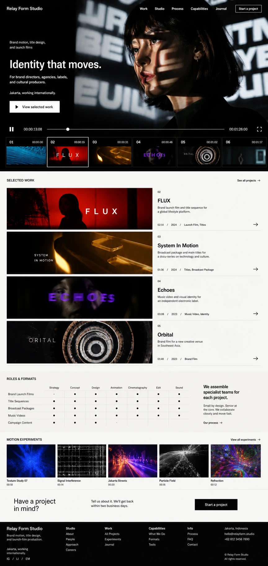 Relay Form Studio: konsep visual halaman Beranda lengkap untuk portfolio & creative studio.