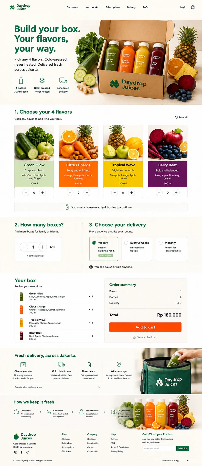 Daydrop Juices: konsep visual halaman Rakit Kotak lengkap untuk product & campaign landing page.