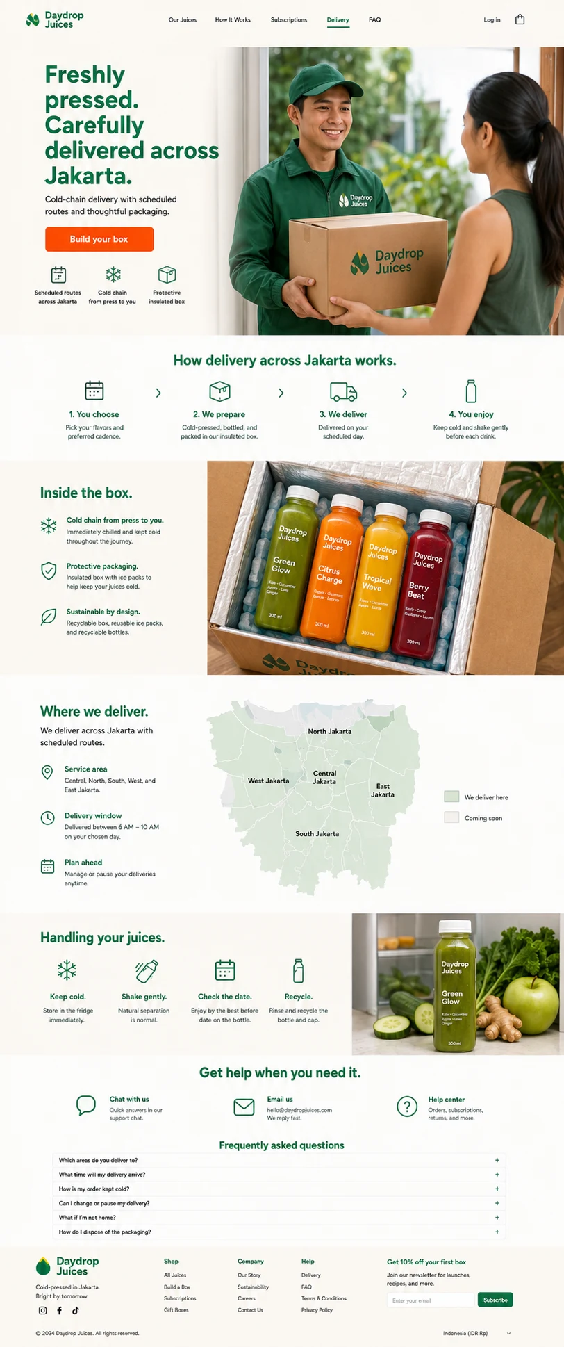 Daydrop Juices: konsep visual halaman Pengiriman lengkap untuk product & campaign landing page.