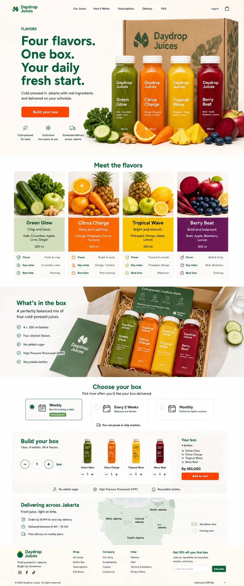 Daydrop Juices: konsep visual halaman Varian Rasa lengkap untuk product & campaign landing page.