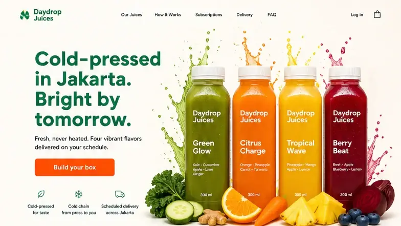 Daydrop Juices: konsep visual halaman Beranda lengkap untuk product & campaign landing page.