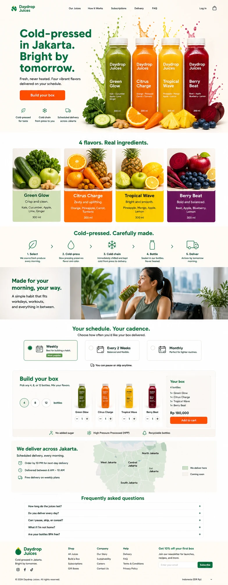 Daydrop Juices: konsep visual halaman Beranda lengkap untuk product & campaign landing page.