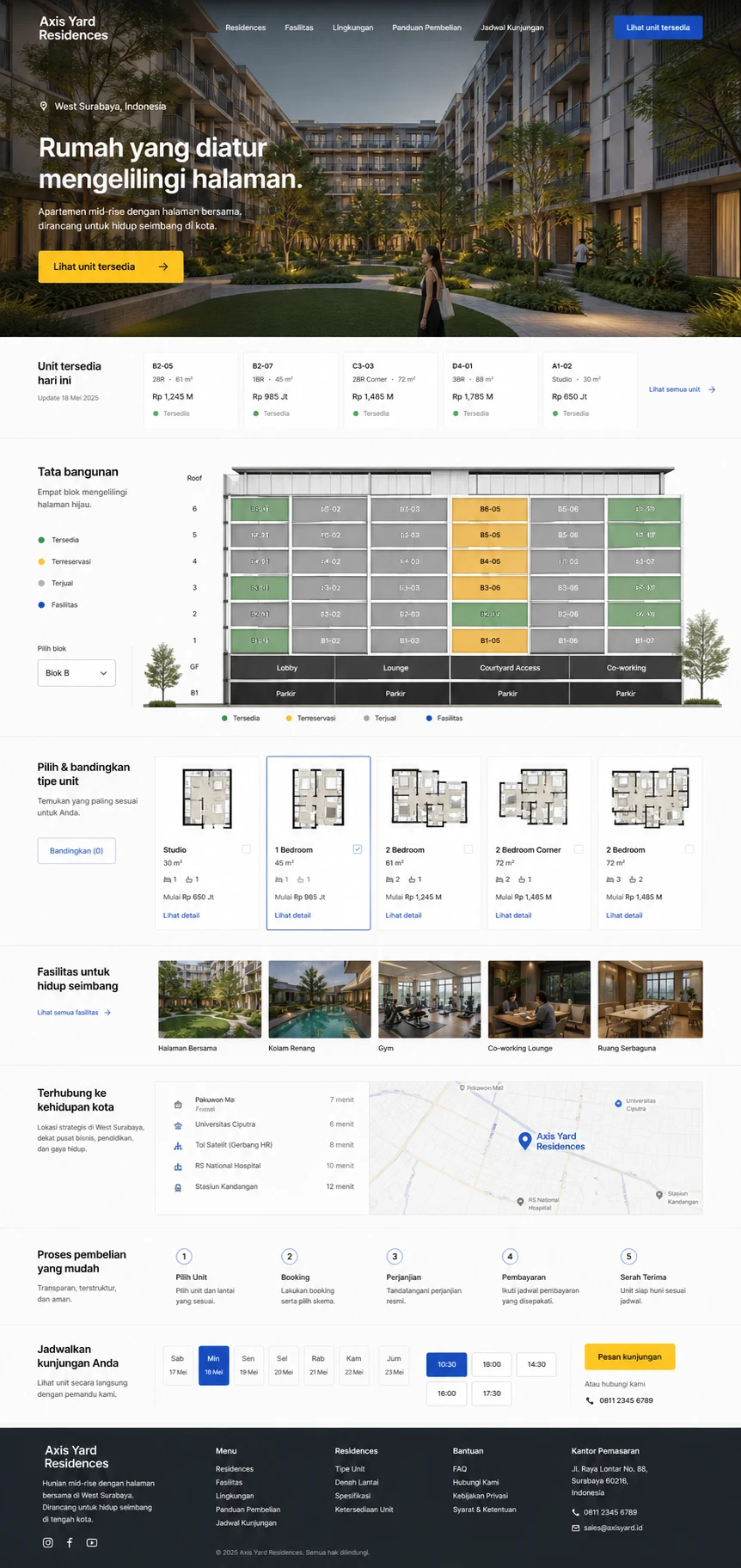 Axis Yard Residences: konsep visual halaman beranda lengkap untuk property & real estate.