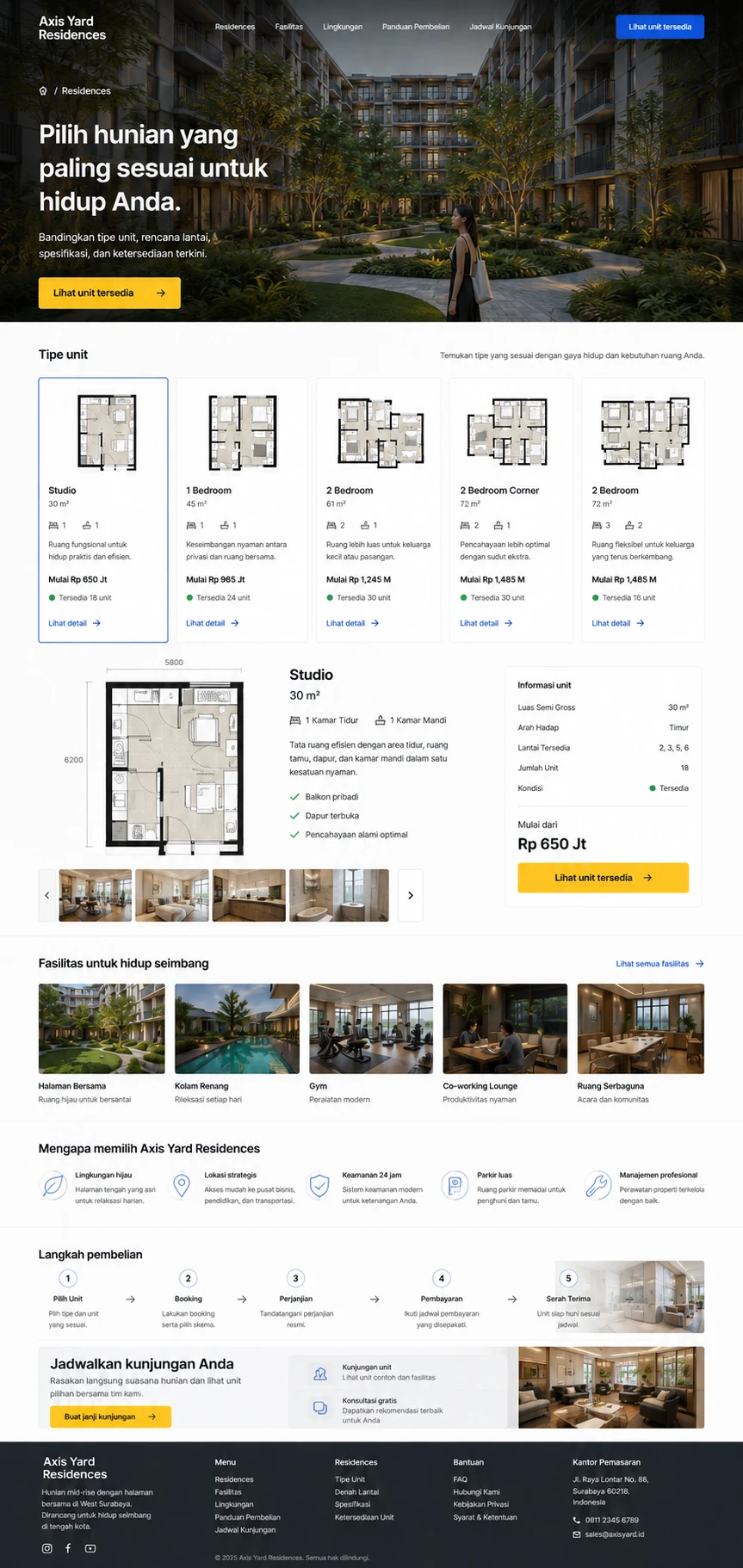Axis Yard Residences: konsep visual halaman Hunian lengkap.