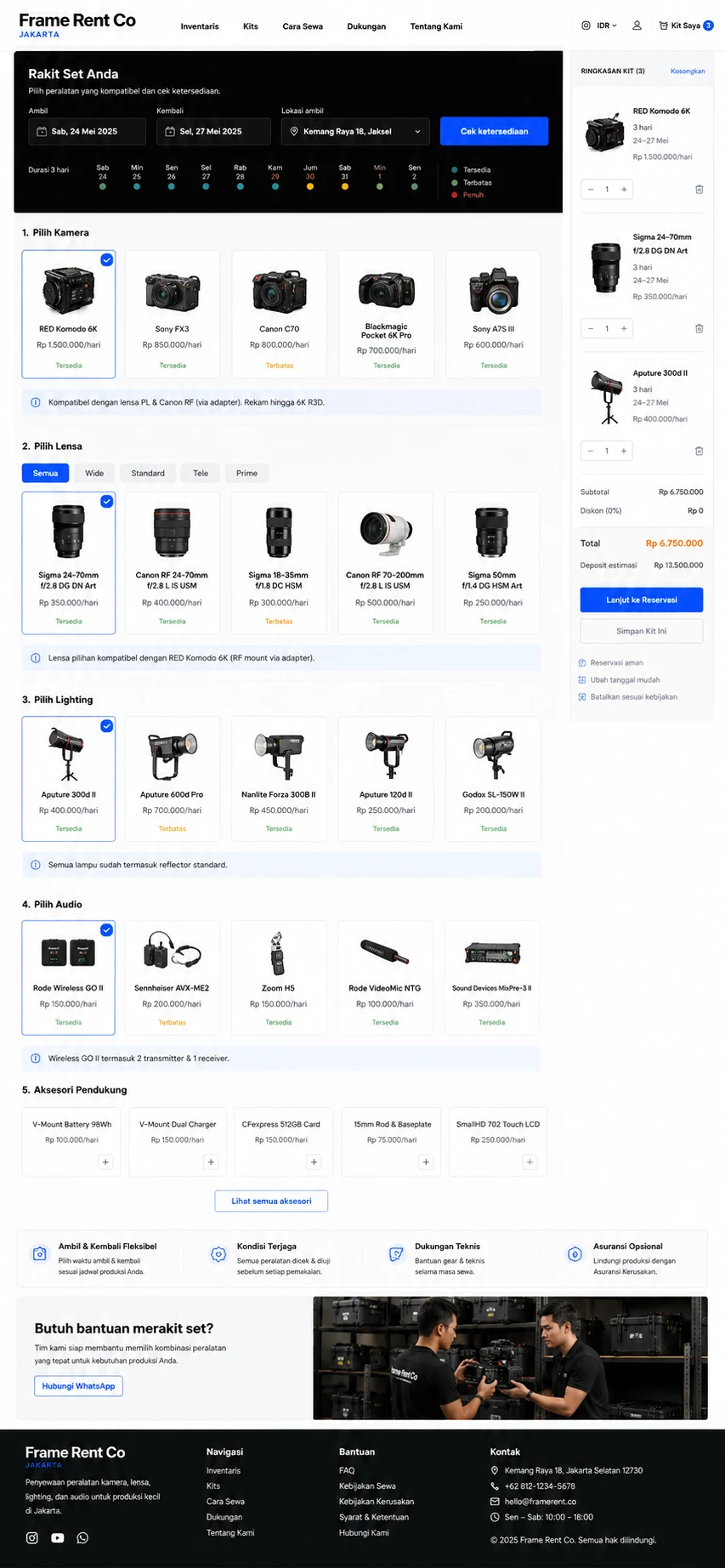 Frame Rent Co: konsep visual halaman Rakit Set lengkap.
