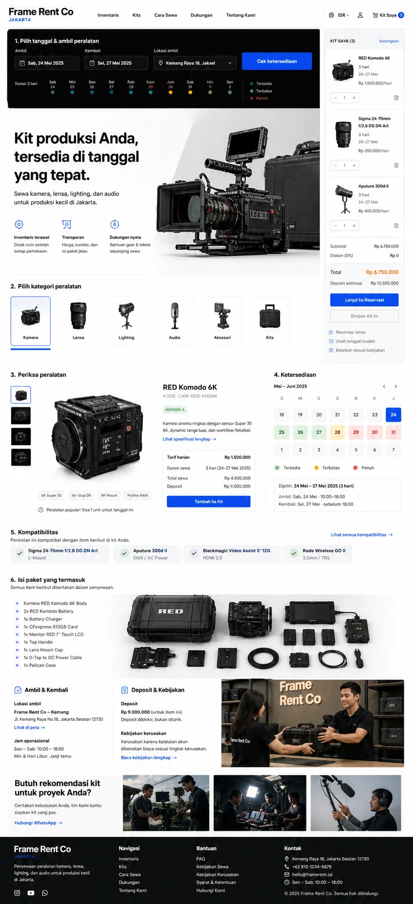 Frame Rent Co: konsep visual halaman beranda lengkap untuk rental & reservation business.