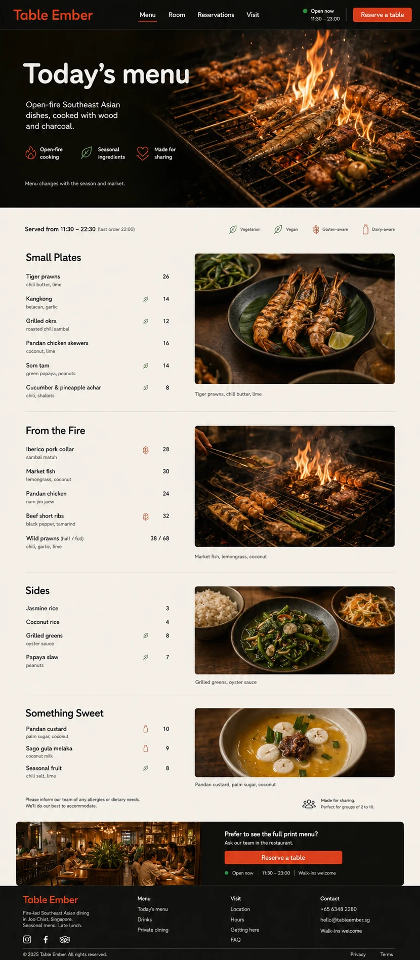 Ember Table: konsep visual halaman Menu lengkap untuk restaurant, cafe & food business.