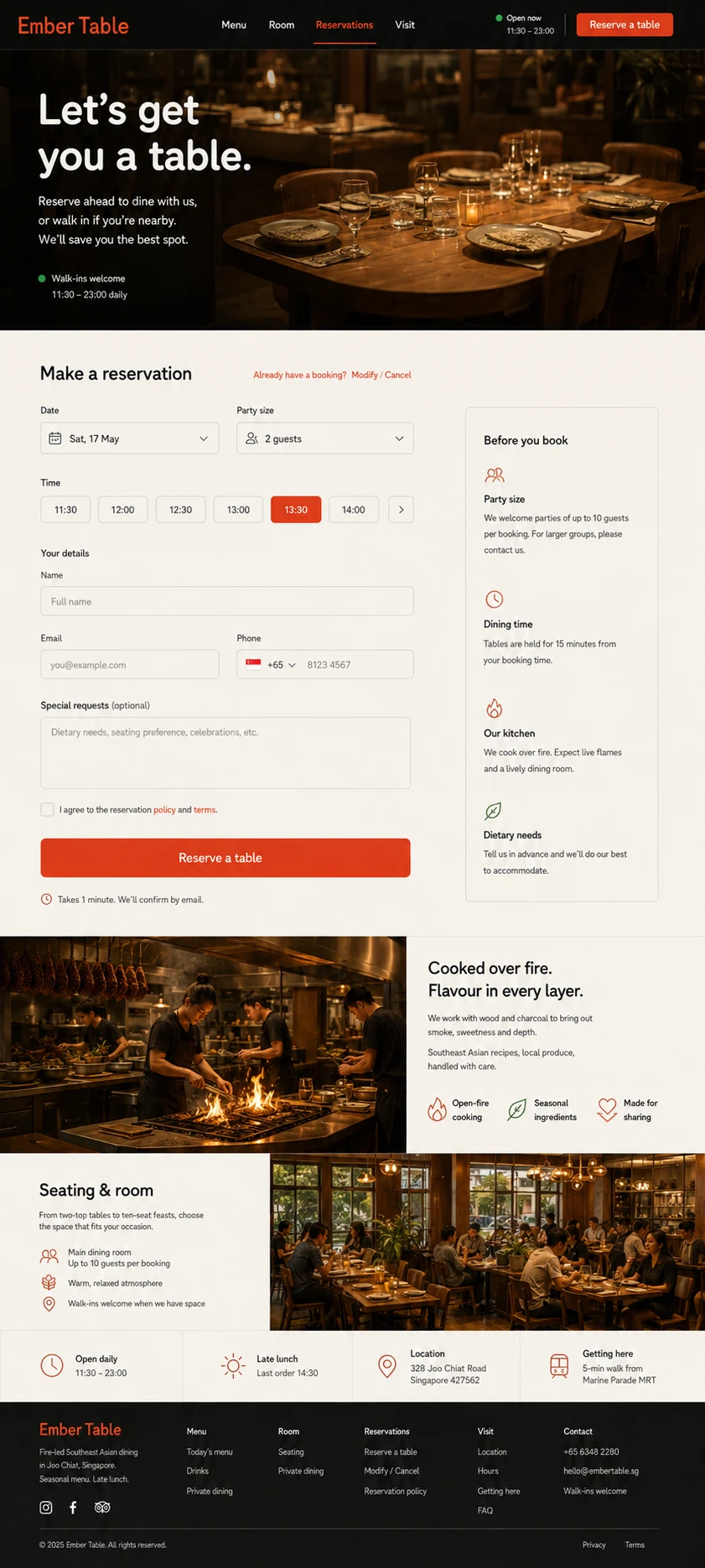 Ember Table: konsep visual halaman Reservasi lengkap untuk restaurant, cafe & food business.