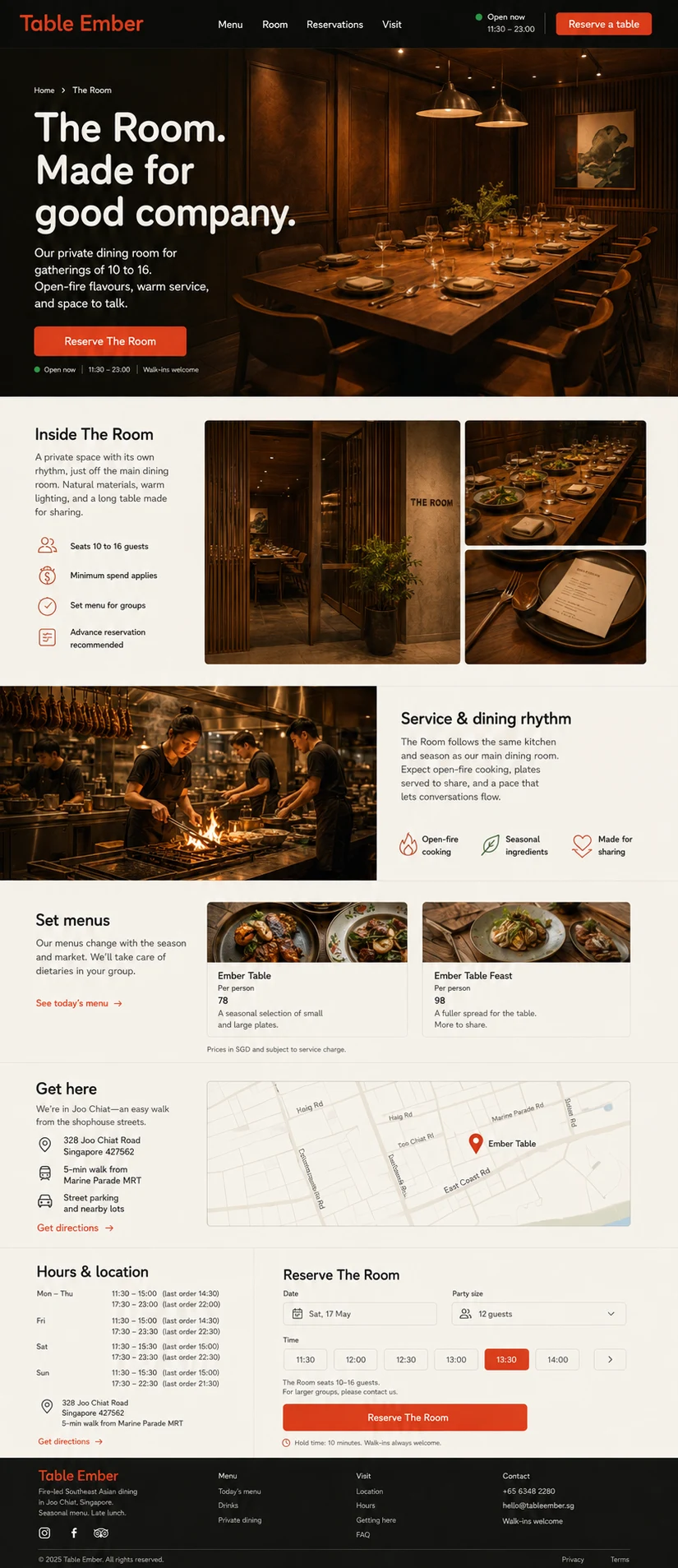 Ember Table: konsep visual halaman Ruang lengkap untuk restaurant, cafe & food business.