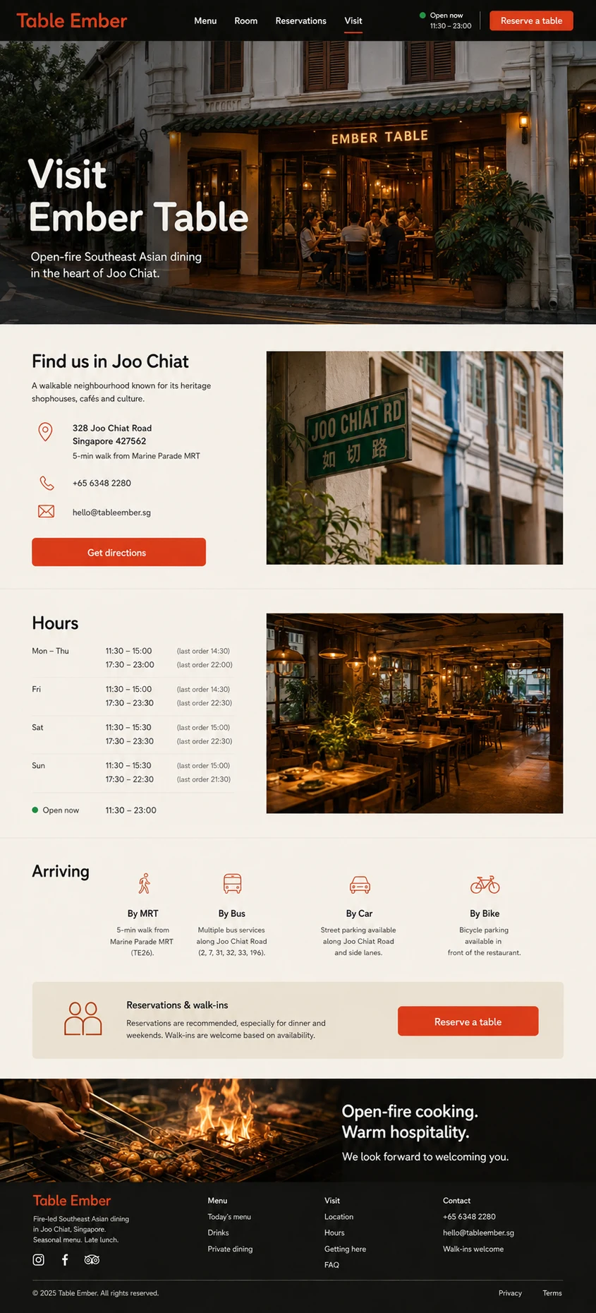 Ember Table: konsep visual halaman Kunjungi lengkap untuk restaurant, cafe & food business.