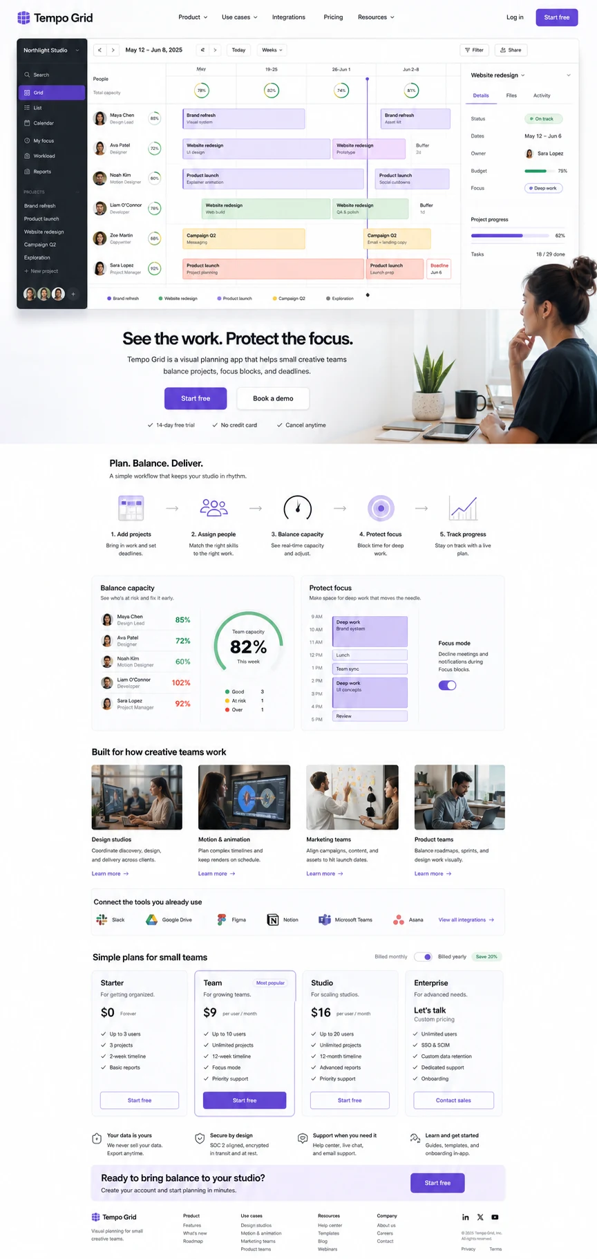 Tempo Grid: konsep visual halaman Beranda lengkap untuk saas, app & digital product marketing.
