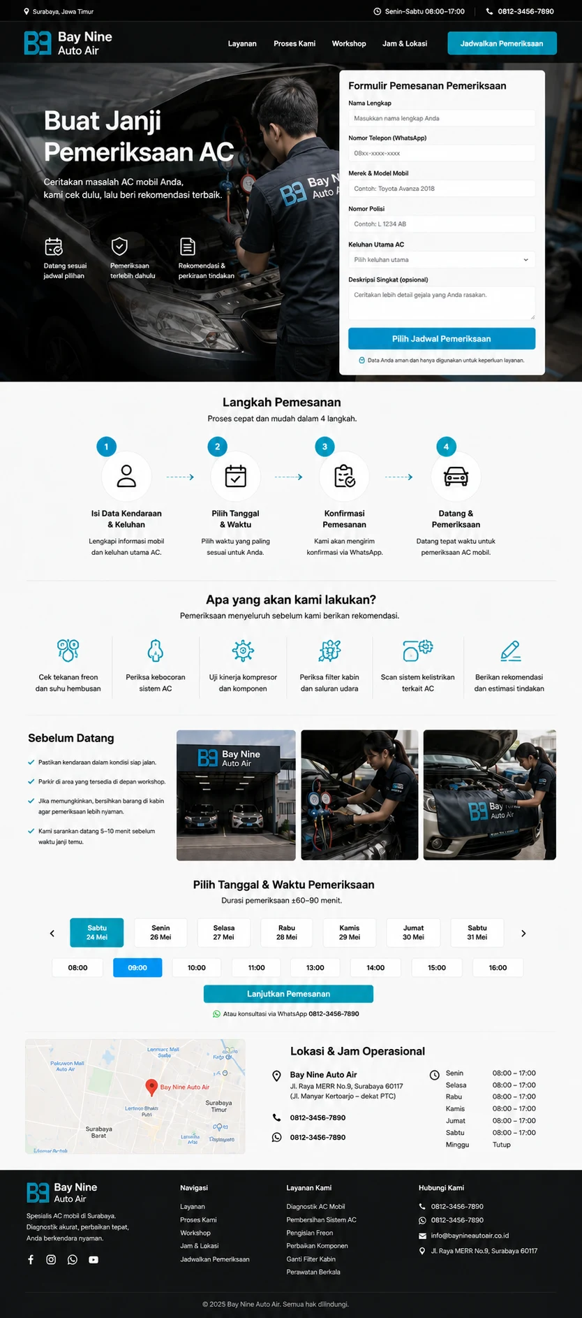 Bay Nine Auto Air: konsep visual halaman Pemesanan lengkap.