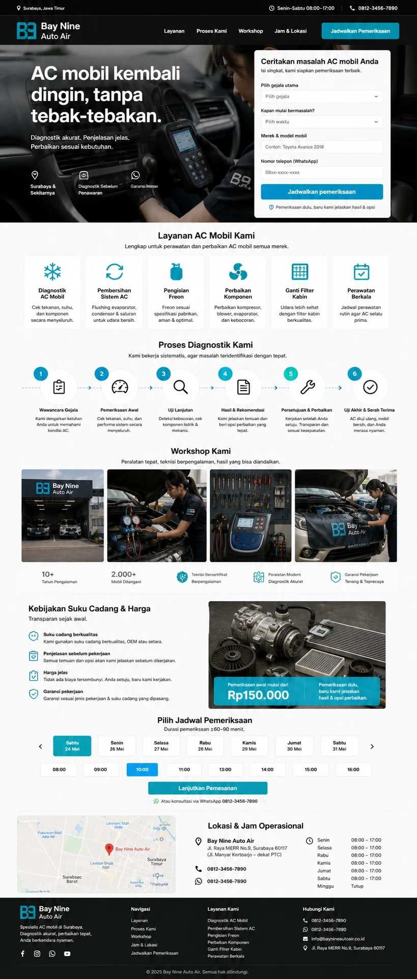 Bay Nine Auto Air: konsep visual halaman beranda lengkap untuk service business & quote website.