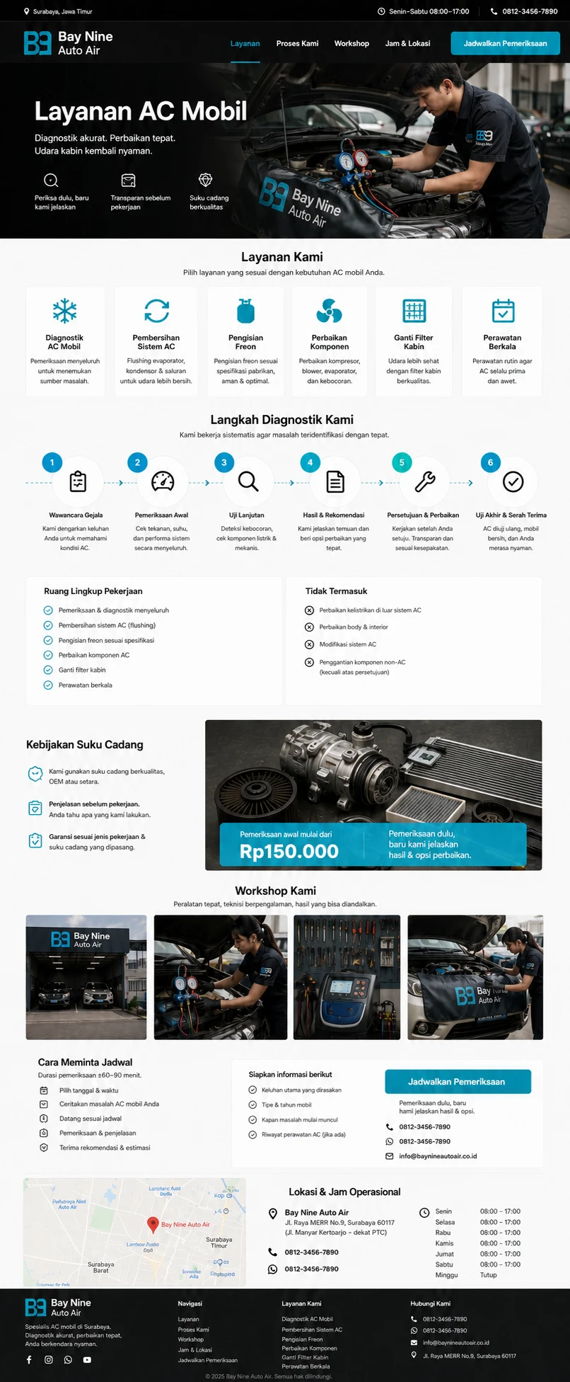 Bay Nine Auto Air: konsep visual halaman Layanan lengkap.