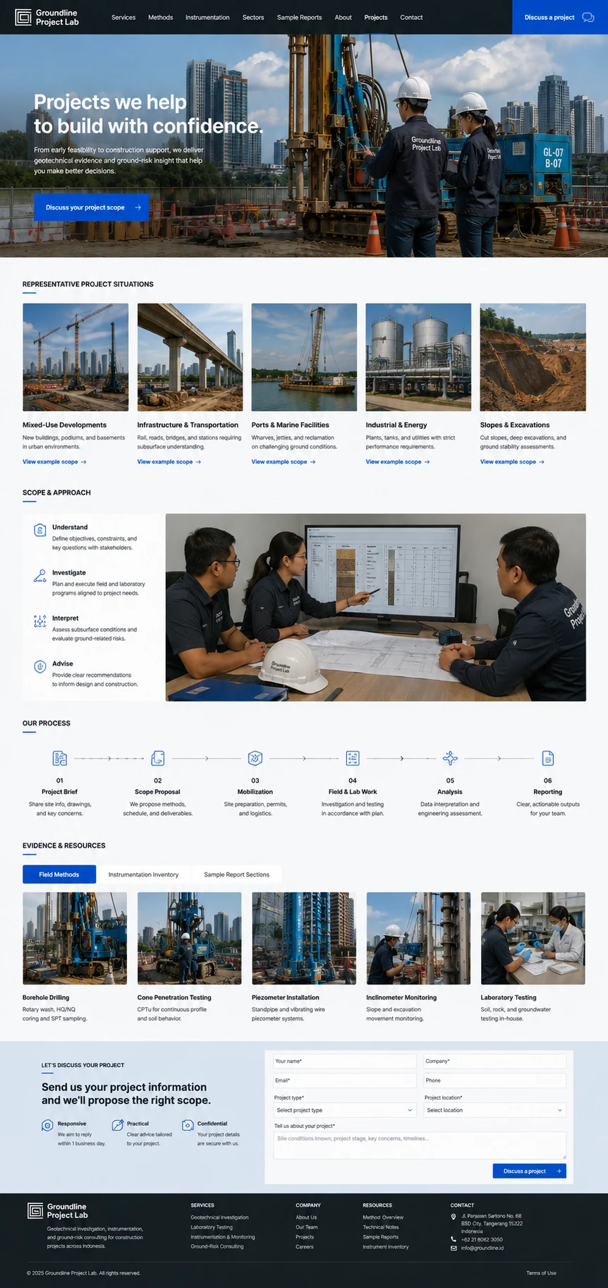 Groundline Project Lab: konsep visual halaman Proyek lengkap untuk technical, engineering & project company.