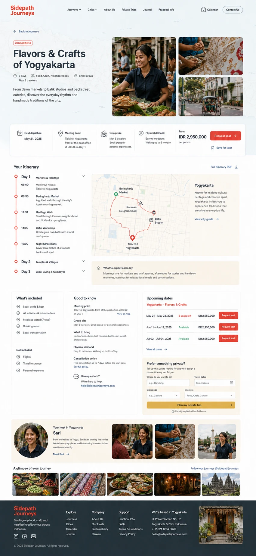 Sidepath Journeys: konsep visual halaman Detail Perjalanan lengkap untuk travel agency & tour operator.