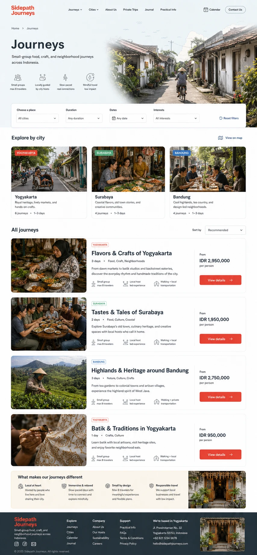 Sidepath Journeys: konsep visual halaman Perjalanan lengkap untuk travel agency & tour operator.