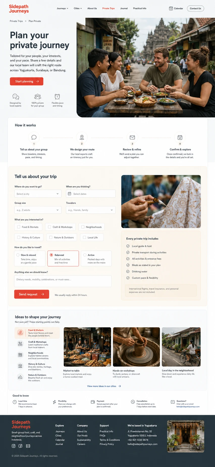 Sidepath Journeys: konsep visual halaman Rencana Privat lengkap untuk travel agency & tour operator.