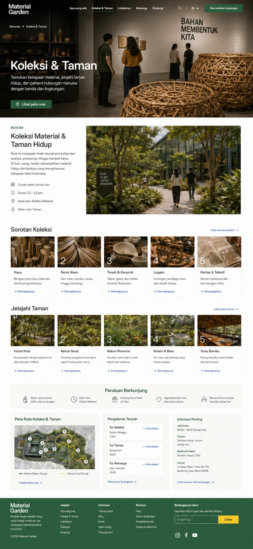 Material Garden: konsep visual halaman Koleksi dan Taman lengkap.
