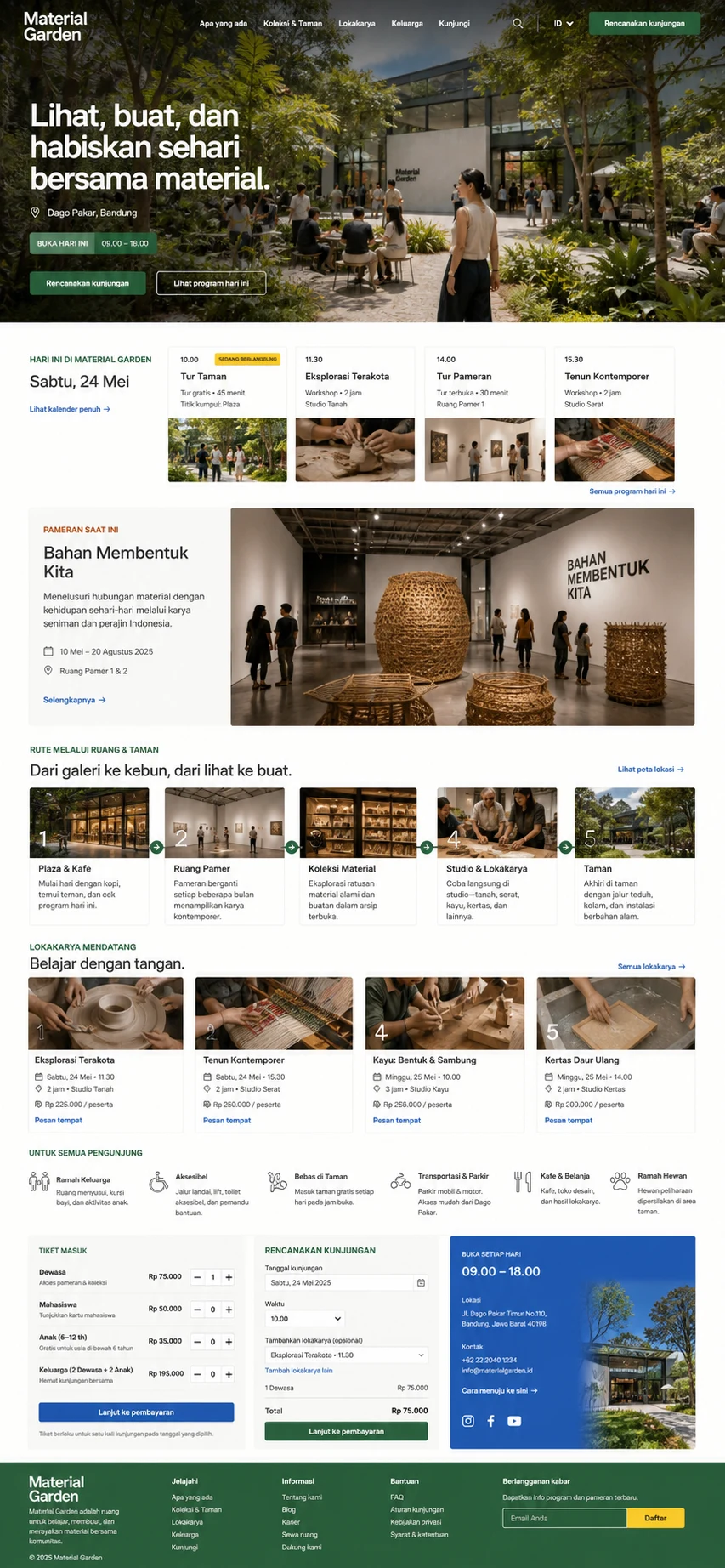 Material Garden: konsep visual halaman beranda lengkap untuk visitor attraction & cultural venue.