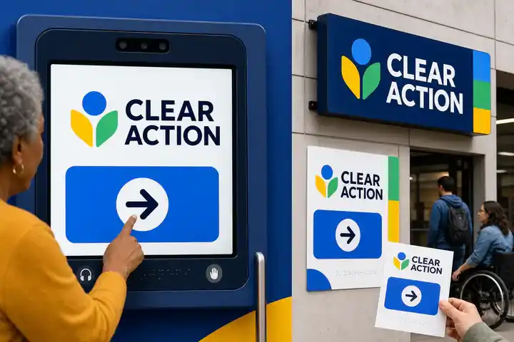 Contoh konseptual Accessible Bold Utility untuk CLEAR ACTION, sebuah konsep layanan publik fiktif yang diterapkan secara terpadu pada antarmuka, situs web, ruang dan lingkungan.