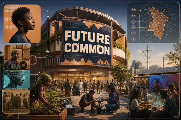 Contoh konseptual Afrofuturist Civic untuk FUTURE COMMON, sebuah konsep budaya fiktif yang diterapkan secara terpadu pada ruang dan lingkungan, identitas merek, visualisasi data.