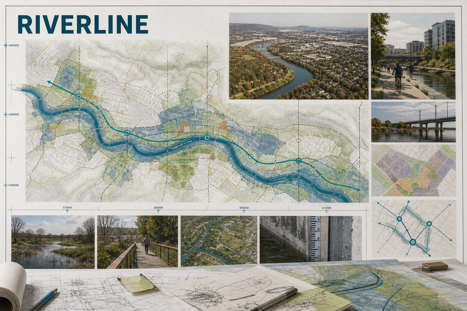 Contoh konseptual Annotated Territory untuk RIVERLINE, sebuah konsep properti fiktif yang diterapkan secara terpadu pada peta, editorial, ruang dan lingkungan.