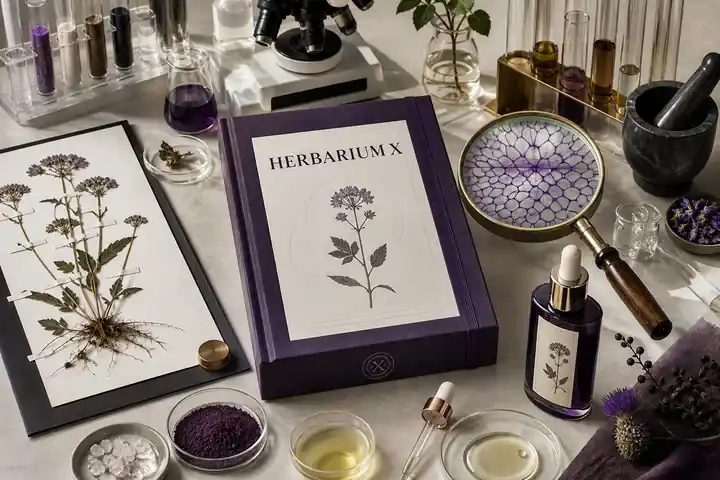 Contoh konseptual Botanical Laboratory untuk HERBARIUM X, sebuah konsep kecantikan fiktif yang diterapkan secara terpadu pada editorial, situs web, kemasan.