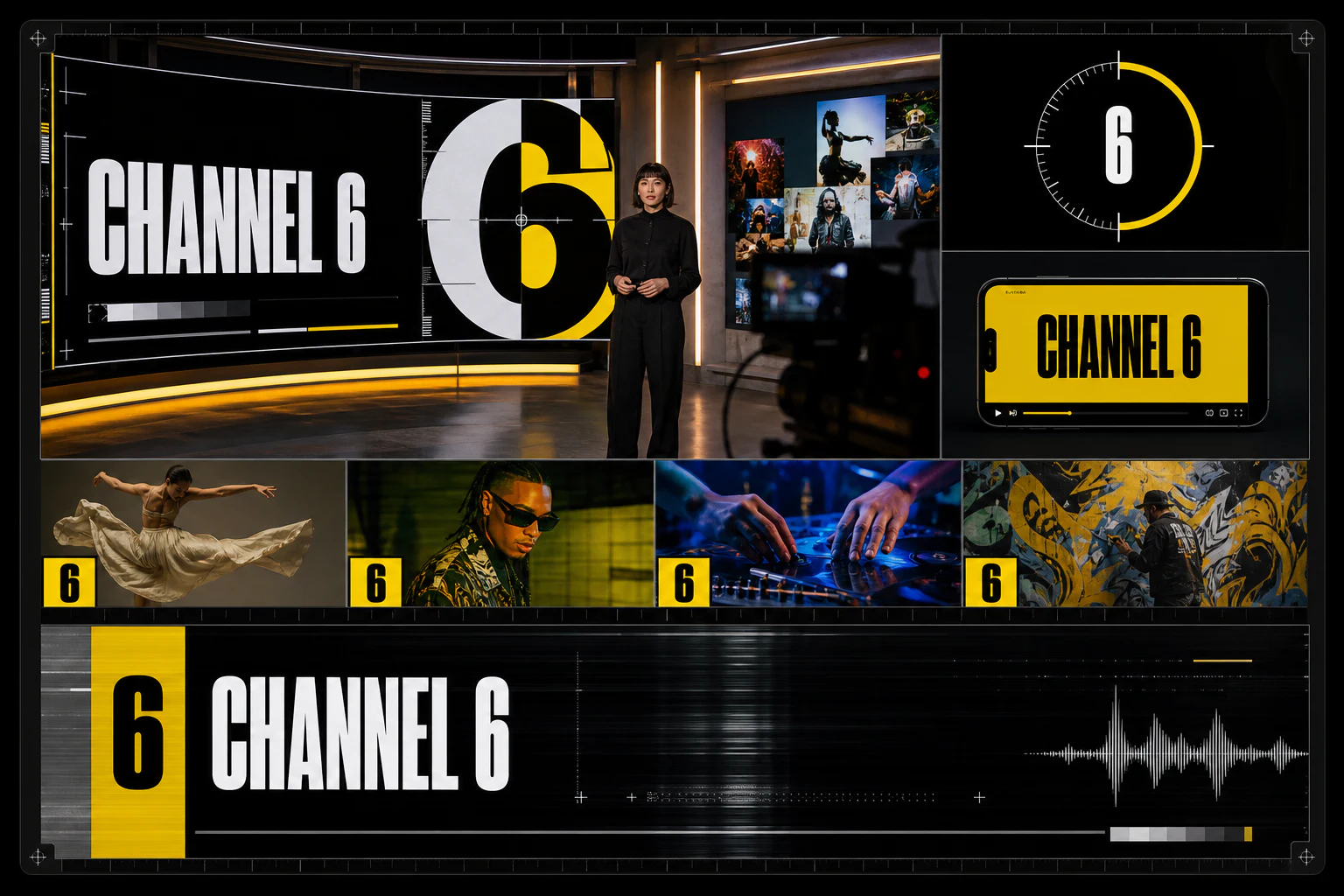 Contoh konseptual Broadcast Signal untuk CHANNEL 6, sebuah konsep media fiktif yang diterapkan secara terpadu pada gerak, siaran, media sosial.