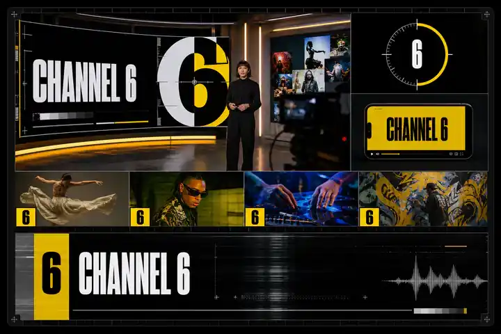 Contoh konseptual Broadcast Signal untuk CHANNEL 6, sebuah konsep media fiktif yang diterapkan secara terpadu pada gerak, siaran, media sosial.