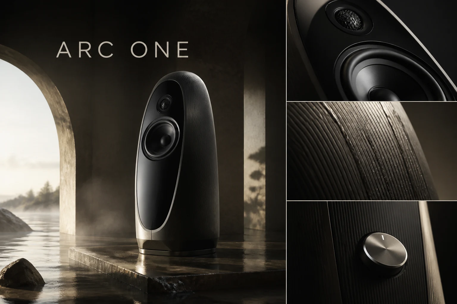 Contoh konseptual Cinematic Object Study untuk ARC ONE, sebuah konsep otomotif fiktif yang diterapkan secara terpadu pada kampanye, situs web, produk.