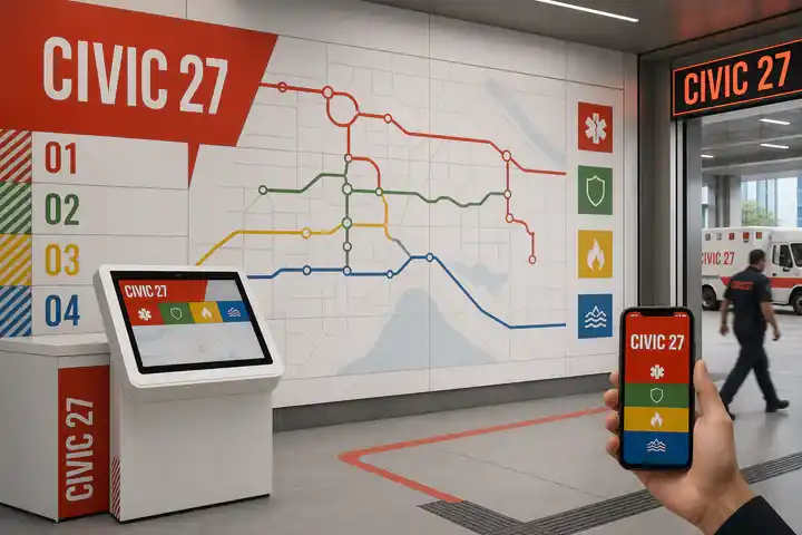 Contoh konseptual Civic Signal untuk CIVIC 27, sebuah konsep pemerintahan fiktif yang diterapkan secara terpadu pada ruang dan lingkungan, situs web, antarmuka.