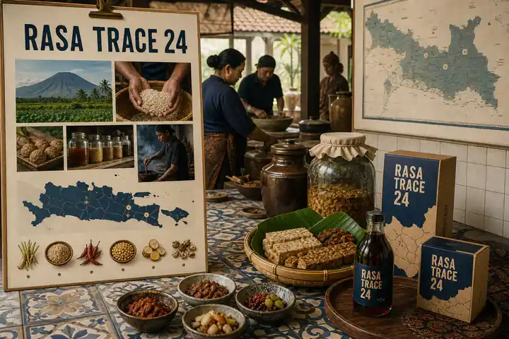 Contoh konseptual Culinary Provenance untuk RASA TRACE 24, sebuah konsep makanan fiktif yang diterapkan secara terpadu pada kemasan, editorial, hospitality.