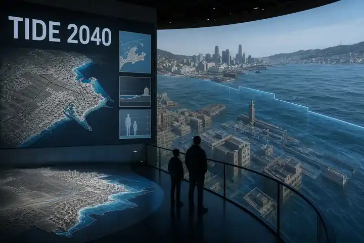 Contoh konseptual Data Theater untuk TIDE 2040, sebuah konsep konsultasi fiktif yang diterapkan secara terpadu pada visualisasi data, ruang dan lingkungan, gerak.