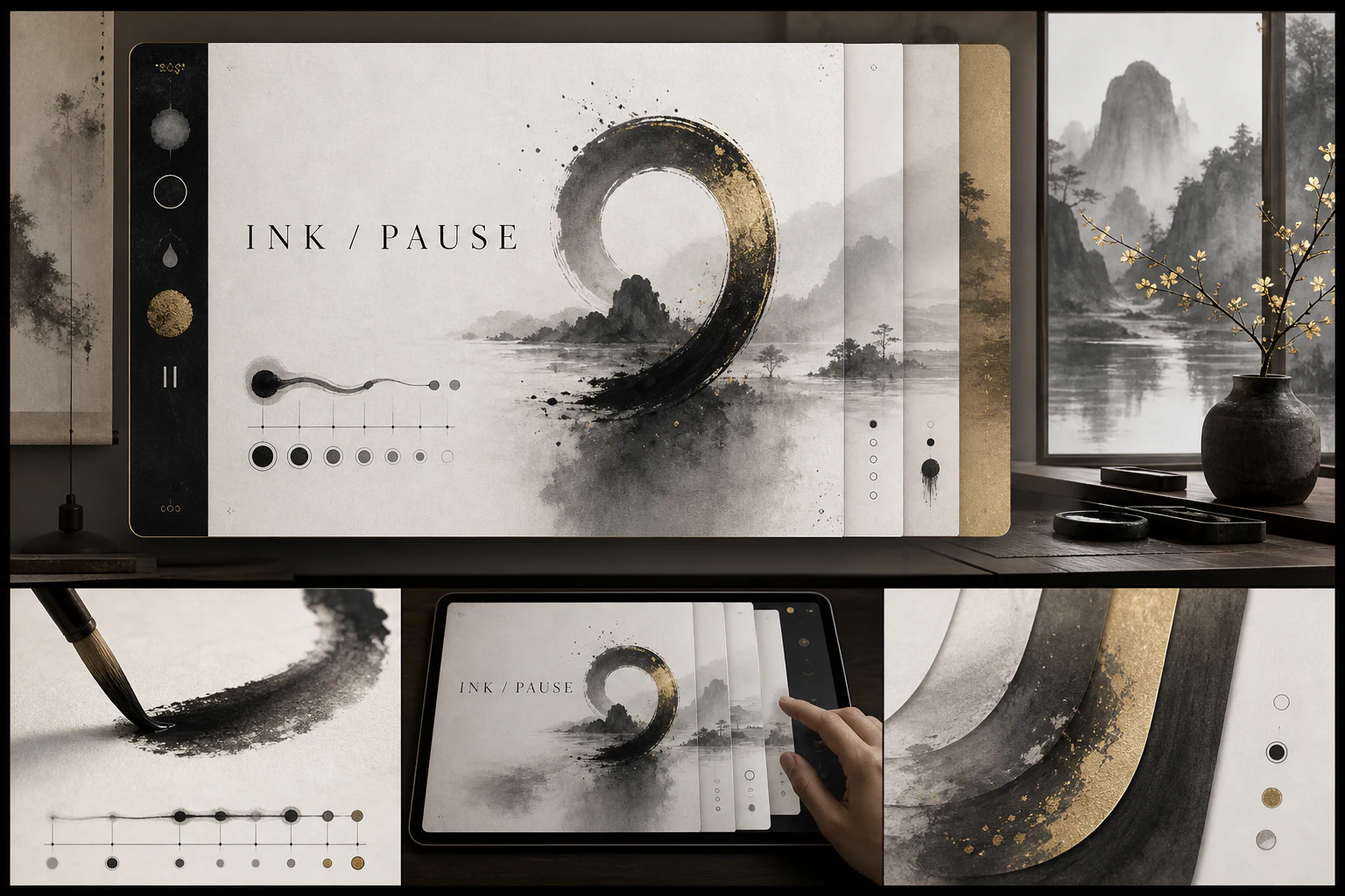 Contoh konseptual East Asian Ink Interface untuk INK / PAUSE, sebuah konsep budaya fiktif yang diterapkan secara terpadu pada antarmuka, editorial, gerak.