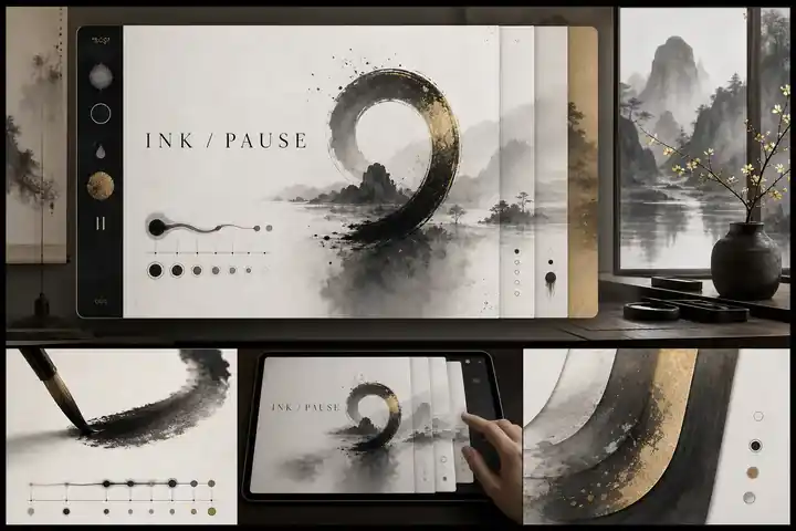 Contoh konseptual East Asian Ink Interface untuk INK / PAUSE, sebuah konsep budaya fiktif yang diterapkan secara terpadu pada antarmuka, editorial, gerak.