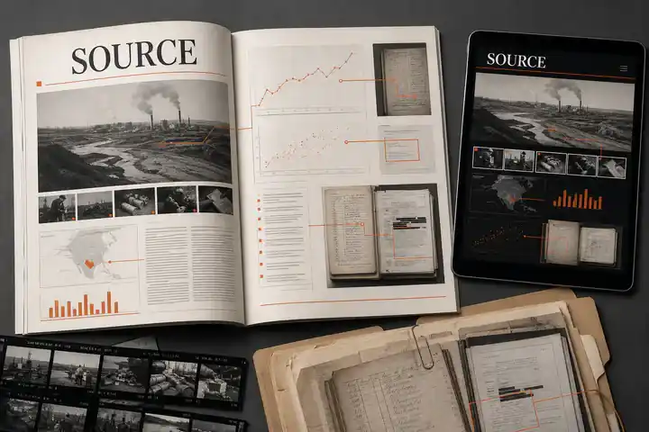Contoh konseptual Editorial Evidence untuk SOURCE, sebuah konsep konsultasi fiktif yang diterapkan secara terpadu pada editorial, situs web, visualisasi data.